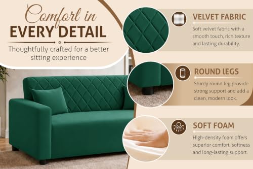 Image of Rosebell 3 Seater Wooden Sofa for Living Room, Modern Fabric Upholstered Sofa with Quilted Backrest, Cushioned Seating, Padded Armrests & Sturdy Wooden Frame - Green