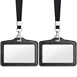 Teskyer 2 Pack Double Sided Clear Badge Holders - Faux Leather with Nylon Lanyard, ID Card Holder for Work/Oyster Card/Bus Pass, Business & Events, Horizontal (Black)