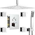 WHSHOWER 16 Inch Chrome Shower System with Body jet Ceiling Large Rainfall Shower Faucet Set Complete System Bathroom Thermostatic Brass Full Body Shower Fixtures, Can Use All Options at A Time