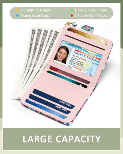 Womens Wallet, RFID Small Wallets for Women, Slim Compact Credit Card Holder, Cute Leather Bifold Ladies Purse with Zipper Coin Pocket and ID Window, Colorful Flowers3