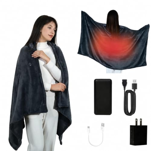 Secluded Valley Cordless Heated Blanket with Hood, USB Battery Powered Heated Wearable Blanket with 9 Heating Zones, 20000 mAh Power Bank, 3 Levels, Portable Heated Throw Blanket, Heated Shawl