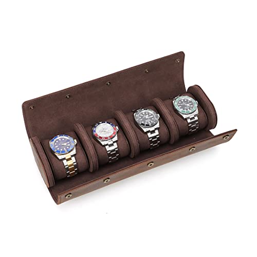 CONTACTS Watch Roll Leather Travel Watch Case 4 Slot Crazy Horse Leather Watch Box for Men Watch Holder Storage Pouch (for 4 Pcs Watches)