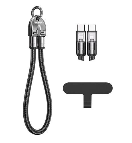 2-in-1 Mobile Phone Lanyard Multi Charger Cable 240W 5A Type C USB Keychain Fast Charging Universal PD for Apple iPhone Lightning Android QC Data Cell 2in1 (Black, 0.3m)