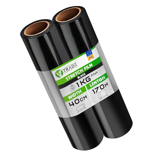 V1 Trade 2x Stretchfolie Schwarz - Folie für Möbel - Hand Umzugfolie 170m x 40 cm - Stretchfolienrolle Schwarzfolie 23my - Verpackungsfolie auf Rolle - Wickelfolie - Umzugsfolie Dehnung 250%