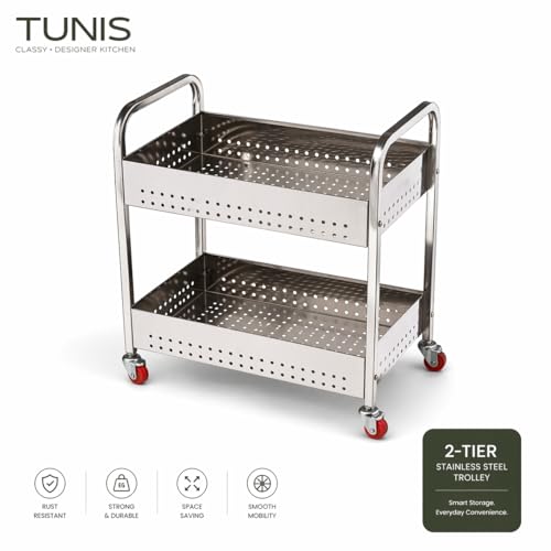 Image of TUNIS 2 Tier 202 Premium Stainless Steel Kitchen Storage Trolley with 360 Rotating Wheels | Multipurpose Vegetable & Fruit Rack Organizer | Movable Storage Cart for Kitchen, Pantry & Home