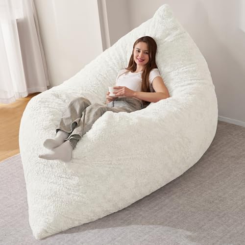 HABUTWAY 4 in 1 Bean Bag Chair, Giant Memory Foam Filling Bean Bag Sofa, Adult Bean Bag Chair, Machine Washable Faux Fur Cover, Bean Bag for Adult (White)