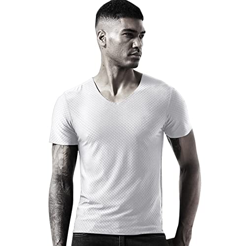 T-shirt respirant en soie glacée à manches courtes pour homme - Col en V - En microfibre - Pour la culture de la forme physique - Pour l'été, blanc, 3XL