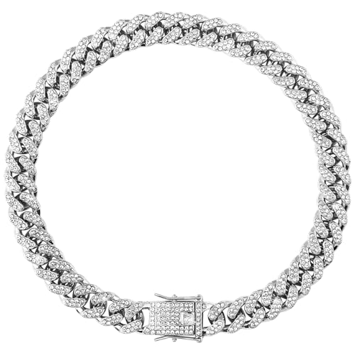 Image of Cuban Link Silver Dog Chain Collar Design Secure Buckle Crystal Necklace Silver Dog Metal Jewelry Accessories for Small Medium Large Pet Male Dogs (20inch)