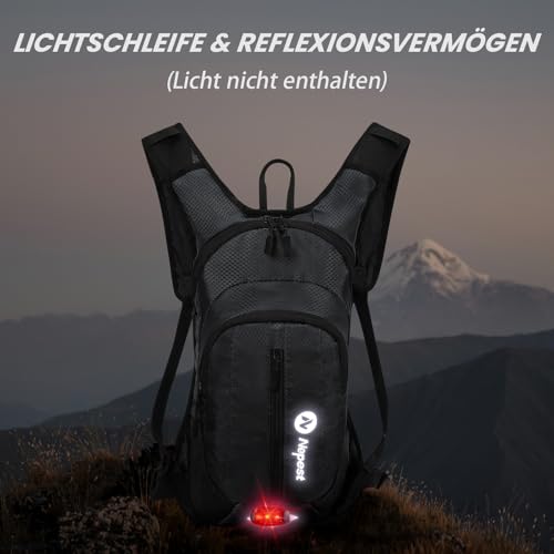 Nepest Trinkrucksack 8L - Fahrradrucksack & Skirucksack mit 2L Trinkblase | Ideal für MTB, Laufen & Skifahren | Verstellbarer Brust & Taillengurt mit Sicherheitspfeife - Schwarz