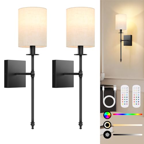 19.9 inch Battery Operated Wall Sconces Set of 2 with Remote, Rechargeable Wireless Wall Lights with Beige Fabric Shade, Indoor Not Hardwired Dimmable for Bedroom Living Room Decor