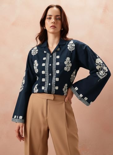 Image of Bee M Pee Designer Women's Embroidered Korean Crop Shirt | Full Bell Sleeves Western Tops for Woman Stylish | Oversized Formal /Casual /Office Wear Cotton Shirts Top for Women