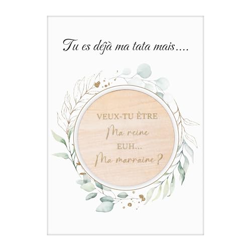 Fiada Aimant de réfrigérateur Marraine Cadeau Inclure Marraine Ronde en Bois avec Aimant et Carte avec Enveloppe pour Demande Annonce Grossesse Baptême Communion(Tata)