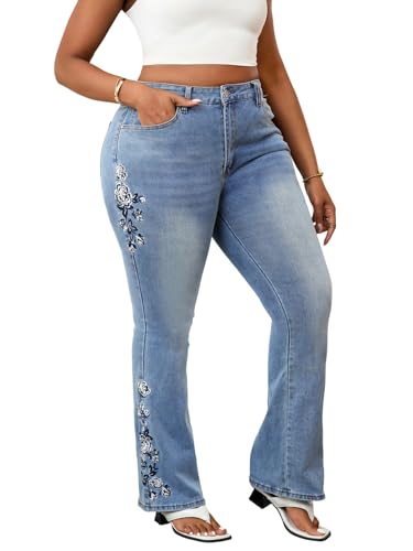 Women's Plus Size Floral Embroidered Bootcut Jeans - Stretch Denim Pants with Side Floral Design