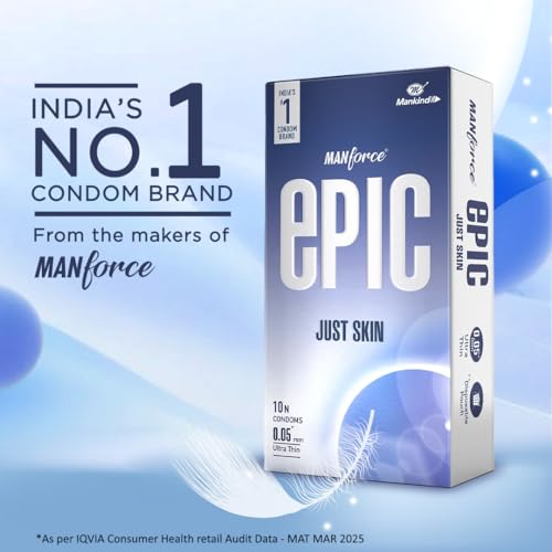 Image of Manforce Epic Just Skin Ultra Thin Condoms - 0.05mm, Natural Feel, 10 Sheets | India's No.1 Condom Brand |