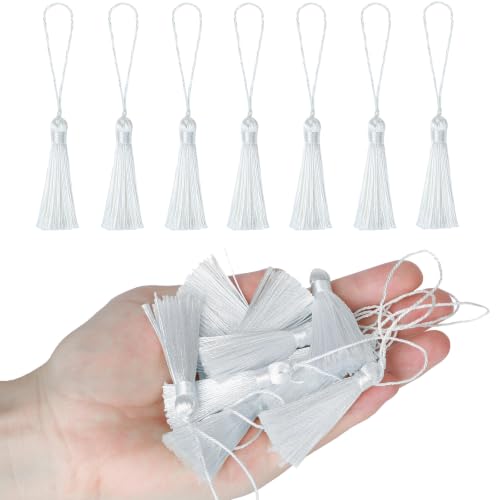 Image of 48Pcs Mini Bookmark Tassels Handmade Keychain Silky Tassel | (Whiten)3.75inch Tassel, Silky Floss Craft Tassel for Jewelry Making,Tags,DIY Accessory