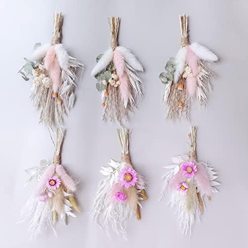 Mini Dried Flower Bouquet Set of 6, Boho Wedding Decor, Boutonniere for Men, Table Centerpieces, Birthday Cake Flowers,Personalized Bridesmaid Gift Box, Small Bottles Decoration.(White)