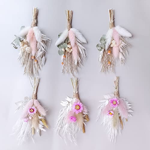 Mini Dried Flower Bouquet Set Of 6, Boho Wedding Decor, Boutonniere For Men, Table Centerpieces, Birthday Cake Flowers,Personalized Bridesmaid Gift Box, Small Bottles Decoration.(White) #TOP19