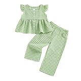 Thorn Tree Girls Summer Outfits Ruffle Sleeve Button Up Dress Tops Plaid Linen Pants Spring Toddler Girl Clothes (Green, 4-5T)
