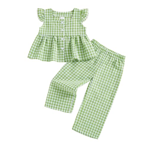 Thorn Tree Girls Summer Outfits Ruffle Sleeve Button Up Dress Tops Plaid Linen Pants Spring Toddler Girl Clothes (Green, 4-5T)