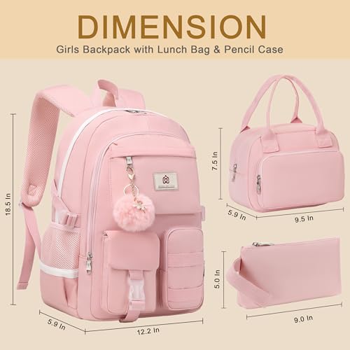 School Backpack for Teen Girls Women College Laptop Backpacks Kids Cute Bookbag Set with Lunch Box Pencil Case Elementary Middle High Campus Bag 3 Pcs Students Bookbags Sets Travel Daypack-Pink2
