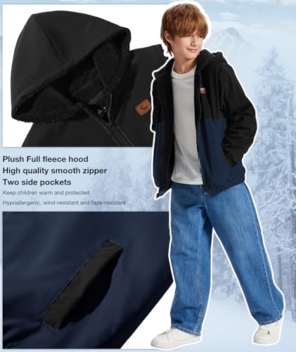 Image of ZITY Boys Fleece Jacket Sherpa Lined Hoodie Zip Up Sweatshirts Windproof Outerwear Warm Autumn Winter Coat 6-15 Years