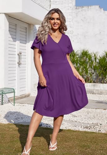 Image of Women's Plus Size Summer Dresses V Neck Ruffle Short Sleeve Casual Wrap A Line Midi Dress with Pockets