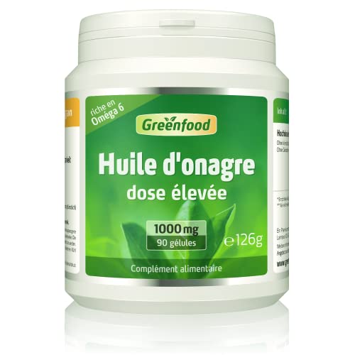 Greenfood Huile d'onagre, 1000 mg, dose élevée, 90 gélules - Sans additifs artificiels. Sans génie génétique.