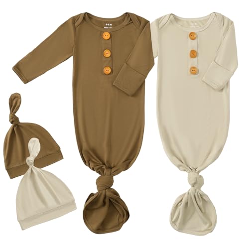 Image of OPAWO Knotted Gown Baby Newborn Sleepers Baby Boy Coming Home Outfit, Bamboo Viscose Baby Gowns with Mitten Cuffs and Hat Set