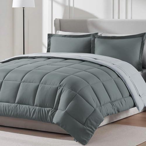 Image of FURBO Microfiber Reversible Comforter Set | Soft 200 GSM Lightweight All Season Quilt Blanket for Double Bed | Ash Grey & Pearl Grey (Without Pillow Covers)