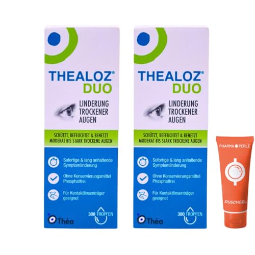 Thealoz Duo Augentropfen 10 ml | Befeuchtung & Pflege der Augen | Konservierungsmittel- & phosphatfrei | Mit Trehalose & Hyaluron | Für Kontaktlinsenträger geeignet | inkl. Pharma Perle Duschgel (2x)