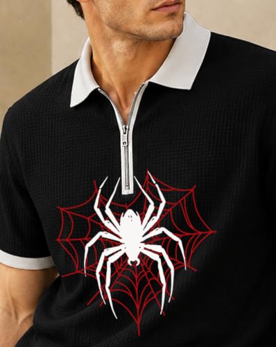Image of AUSK Men's Waffle Texture Polo T-Shirt || Spider Graphic Printed Half Sleeve Zip Collar T Shirt for Men || Regular Fit Casual Wear Tshirt || Stylish Summer Tee for Mens