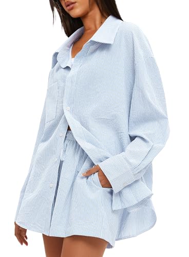 Darong Women's Summer 2 Piece Outfit Sets Long Sleeve Button Down Shirts Matching Short Sets Beach Vacation Lounge Set3