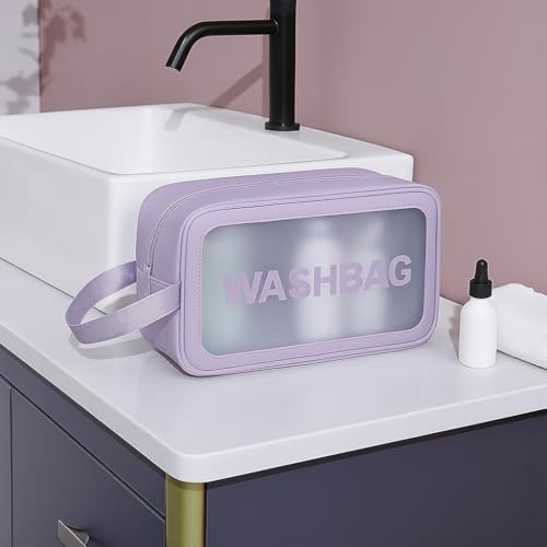 Image of Gritty Wash Bag Pouch for Travel Kit Toiletry Bag Cosmetic Bag Make Up Box for Brushes, Accessories with Handle, Large Capacity Translucent Waterproof Travel Storage Organizer Set of 3(Purple)