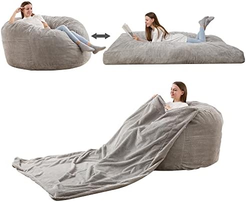 Kumcahom Chenille Bean Bag Chair, Variable Shape from Bean Bag to Bean Bag Bed Matress, Convertible Beanbag Chair for Home, Bedroom, Living Room(Grey Chenille, Full)