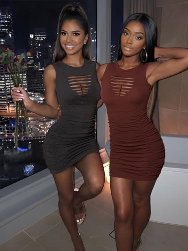 Image of DRESSQUEEN Women 2026 Sexy Summer Bodycon Ruched Party Club Mini Dress Sleeveless Cutout Tight Date Night Tank Short Dresses