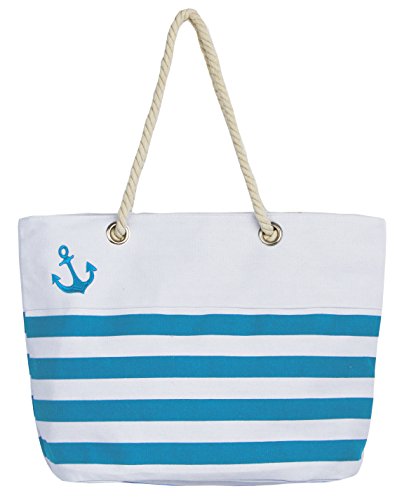 Leisureland Waterproof Canvas Rope Handle Beach Tote Bag (Anchor Aqua Stripe)