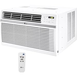 Lg 8000 btu window air conditioner 115v cools 340 sqft for bedroom living room apartment quiet operation electronic control with remote 3 cooling fan speeds auto restart white  urban country home decor