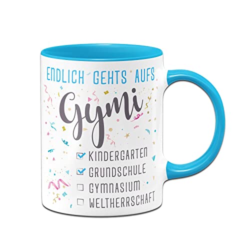 Tassenbrennerei Original Tasse Endlich gehts aufs Gymi - Geschenk zum Schulwechsel 5. Klasse Gymnasium - Einschulung weiterführende Schule (Blau)