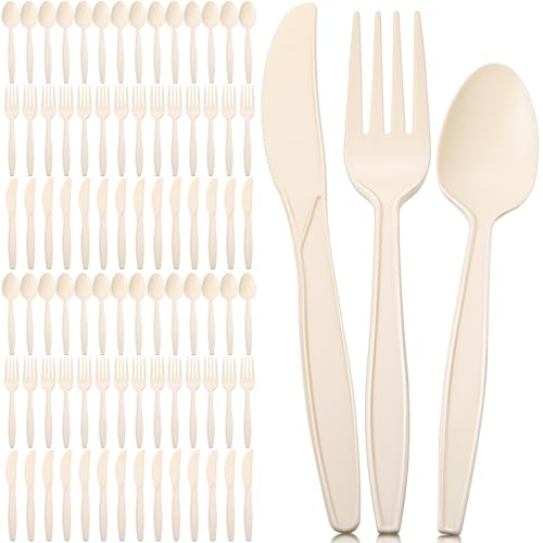Zhehao 380 Count Compostable Cutlery, No Plastic 140 Forks 120 Spoons 120 Knives, Large Disposable Utensils Heavy-duty Eco Friendly Flatware Combo Set for Party Wedding BBQ Picnic Camping