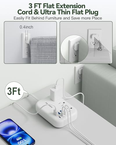 Regleta de energía con 6 puertos USB y 3 tomas, extensión de 3 pies con tapa plana, color blanco, marca popowell miniatura 4