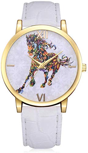 Damenuhr Quarzuhr mit rundem Zifferblatt bedrucktes Pferdemuster Casual Armbanduhr mit Lederband für Frauen, Weiß