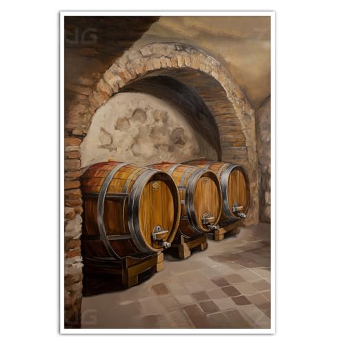 Country wine cellar canvas posters and prints with warm European atmosphere wall decor featuring stacked oak barrels iron hoops arched brick walls and lighting suitable for restaurants or home bars
