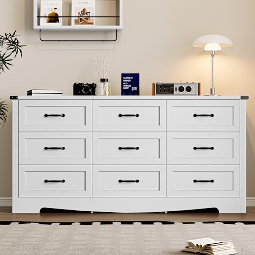 Image of BORNOON 9-Drawer Dresser for Bedroom, Modern Wooden Chest of Drawers with Metal Handles, Anti-Tipping Design, Sturdy and Stable Storage Organizer for Living Room, Entryway, Home Office