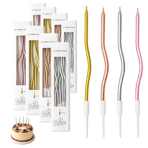 48 pezzi Candeline compleanno a spirale curva, candele a spirale colorate con supporto per torte e cupcake, 4 colori, 2 scatole per colore, decorazione elegante