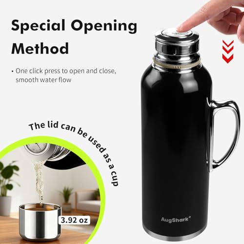 Image of 34 oz Black Insulated Water Bottle, Vacuum Stainless Steel Water Flask Jug with Handle & Metal Mechanical Temperature Measuring Cup Lid, Leakproof Travel Bottle Keep Cold 36h Hot 24h