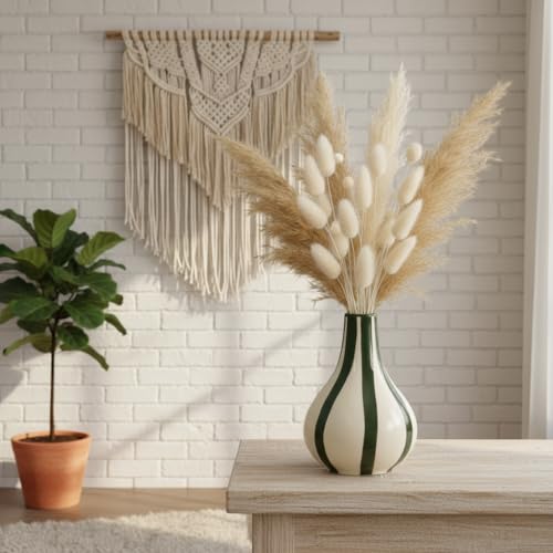 Image of PUREZENTO Green & White Striped 'Tulip Bud' Ceramic Vase 6 Inch (Pack of 1) | Unique Modern Bud Vase for Dried Flowers & Pampas Grass | Vases for Modern Home Decor, Living Room & Office Decor Ideas