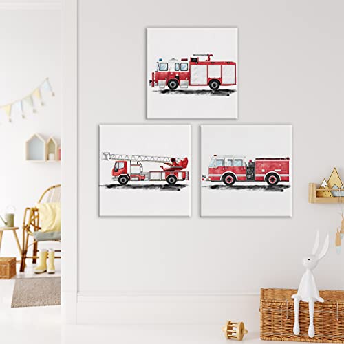 Yuzi-N Set Of 3 Fire Truck Nursery Transportation Art Posters Canvas Wall Art & Tabletop Home Kids Bedroom Decoration, Watercolor Fire Engine Firetruck Prints Easel & Hanging Hook 12X12 Inch #TOP2