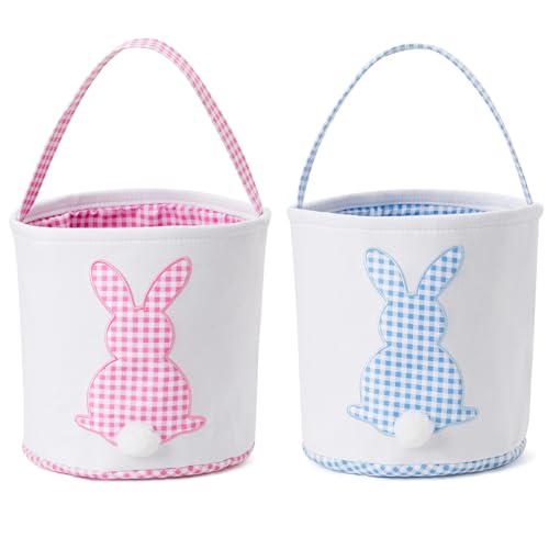Image of Easter Basket with Handle Easter Bucket Easter Baskets Easter Basket Bags Egg Hunt Basket Canvas Plaid Bunny Print Basket with Fluffy Tail (Pink Plaid+Blue Plaid)