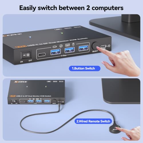 Image of USB C KVM Switch 2 Monitors 2 Laptops Dual 4K@60Hz External Display Output, MST USB-C Docking Dual Monitor KVM |10Gbps USB Transfer, 100W PD Charging, 2 USBC Cable(40Gbps) and Wired Remote Included