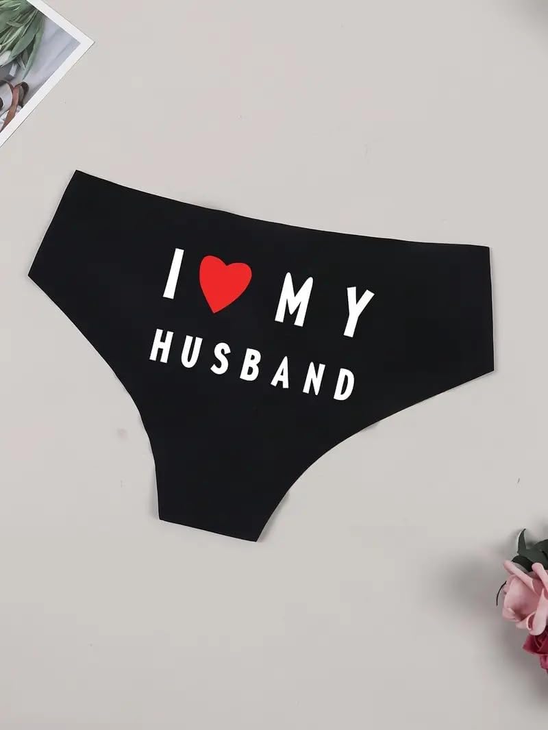 Love (Heart) My Husband Panties Ultra-Soft Comfy Intimates, Sexy Lingerie & Underwear for Women with Unique I Love My Husband Heart Print Design Size (Medium) Black/Red